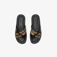 Check and Leather Drift Sandals​ in Black/sand beige - Men | Burberry® Official