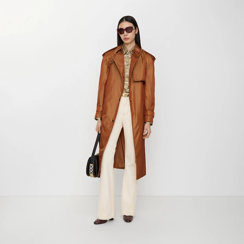 Long Nylon Blend Hooded Trench Coat in Bright toffee brown - Women | Burberry® Official