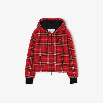 Cropped Check Fleece Hooded Jacket in Crayon red - Women | Burberry® Official