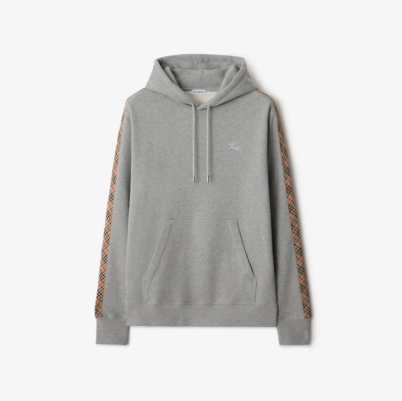 Check Trim Cotton Hoodie in Pale grey melange - Men | Burberry® Official