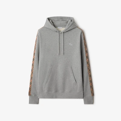 Check Trim Cotton Hoodie in Pale grey melange - Men | Burberry® Official