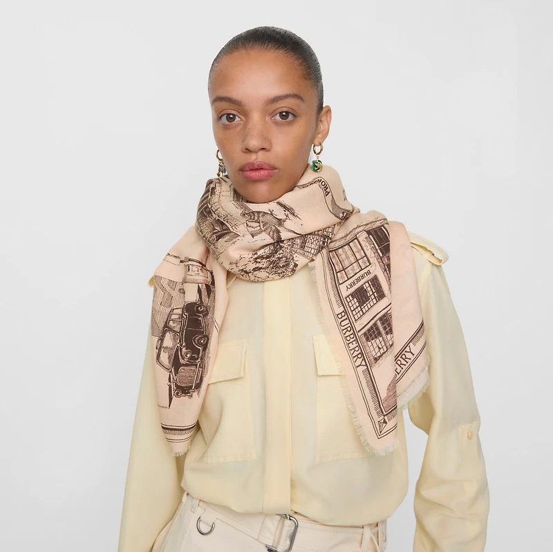 London Landmarks Wool Silk Scarf in Sepia | Burberry® Official