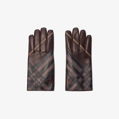 Check Intarsia Leather Gloves in Truffle brown - Men | Burberry® Official