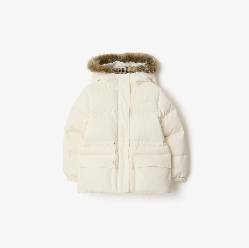 Faux Fur Trim Nylon Puffer Coat in Rain white | Burberry® Official
