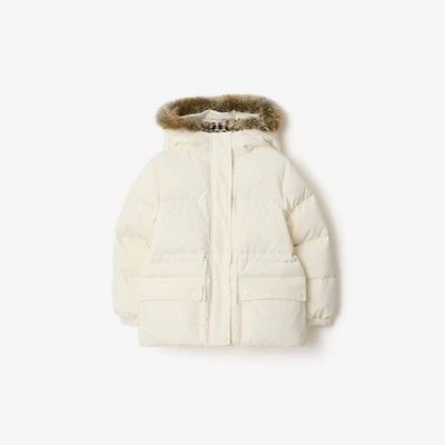 Faux Fur Trim Nylon Puffer Coat in Rain white | Burberry® Official