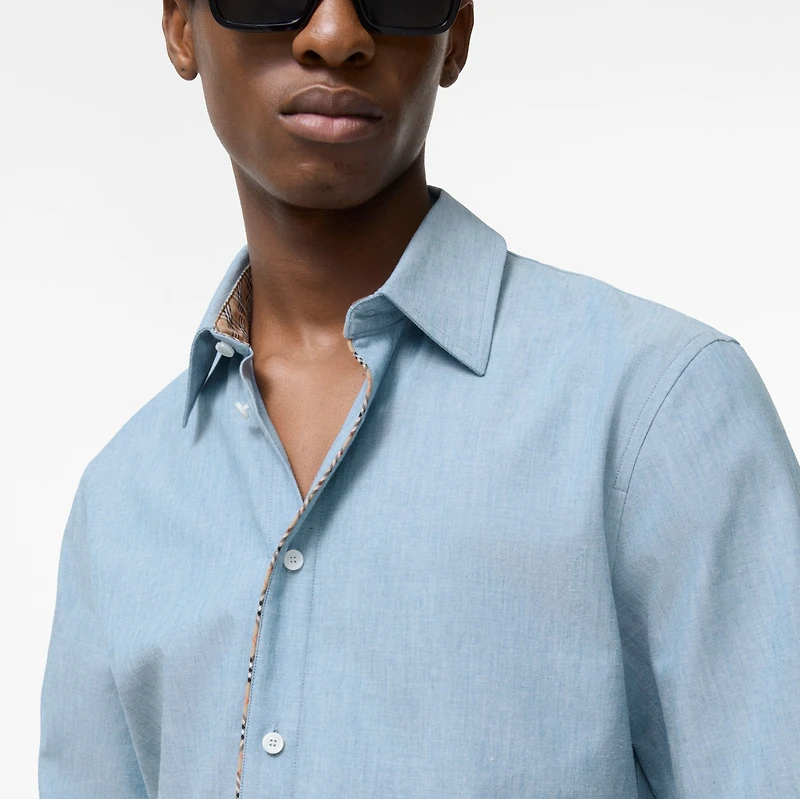 Classic Fit Check Piping Chambray Shirt in Blue melange - Men | Burberry® Official