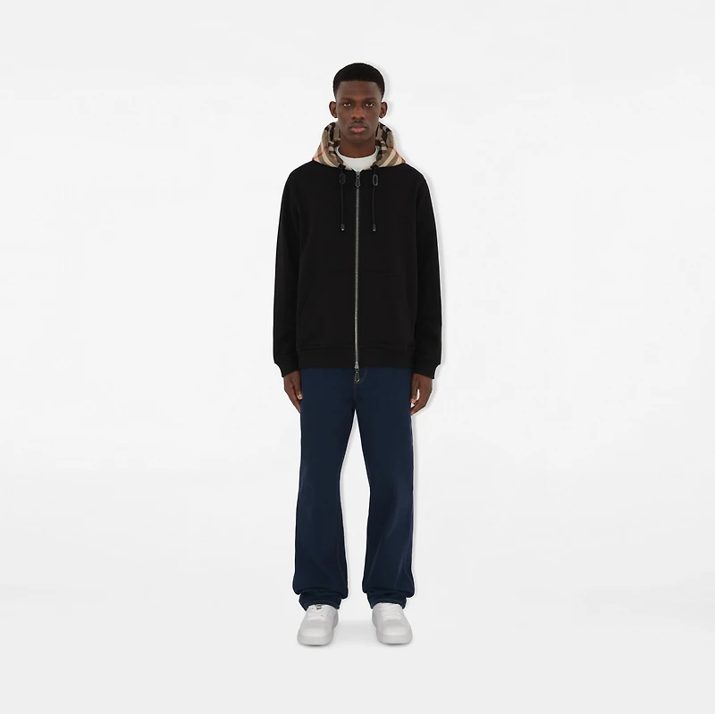 Check Hood Cotton Blend Zip Hoodie in Black/birch brown - Men | Burberry® Official