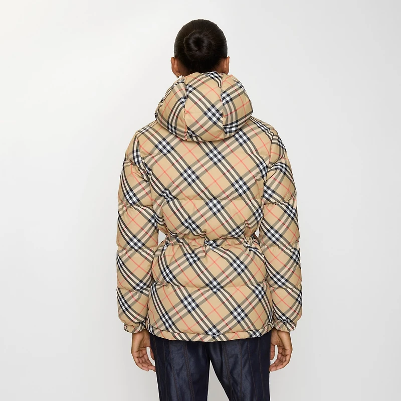 Check Nylon Hooded Puffer Jacket in Sand beige - Women | Burberry® Official