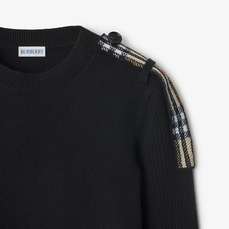 Check Epaulette Wool Cashmere Blend Sweater in Black - Women | Burberry® Official