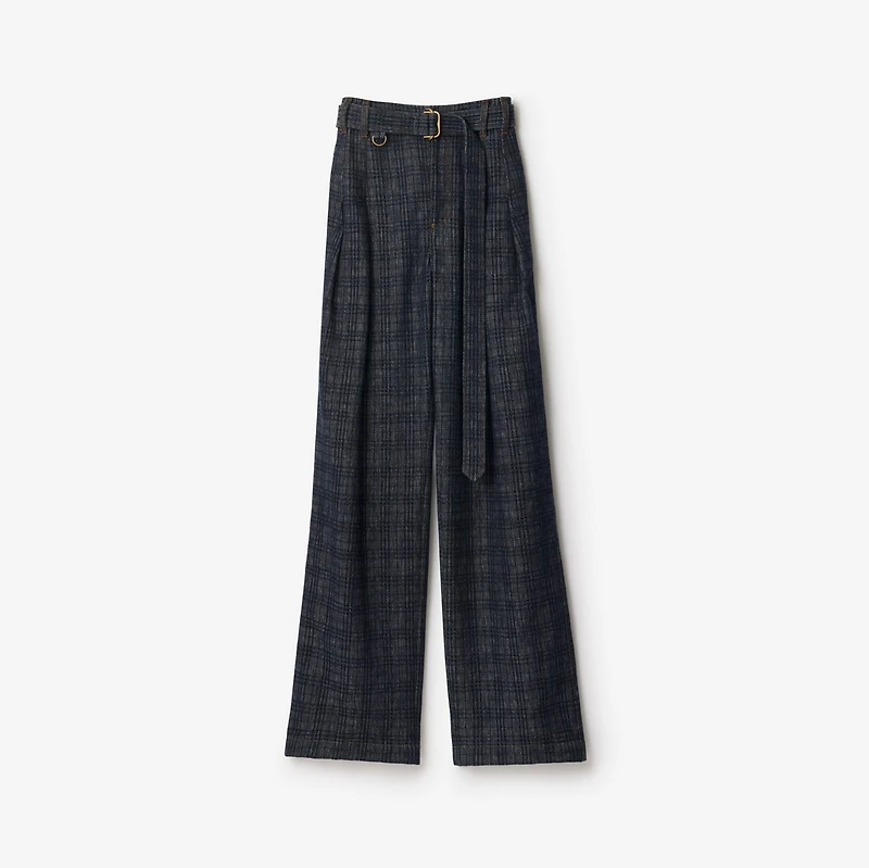 High Rise Wide Check Denim Jeans in Indigo - Women, Cotton | Burberry® Official