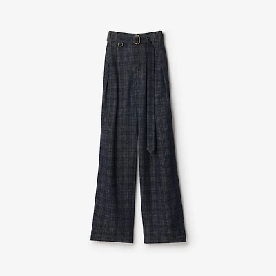 High Rise Wide Check Denim Jeans in Indigo - Women, Cotton | Burberry® Official