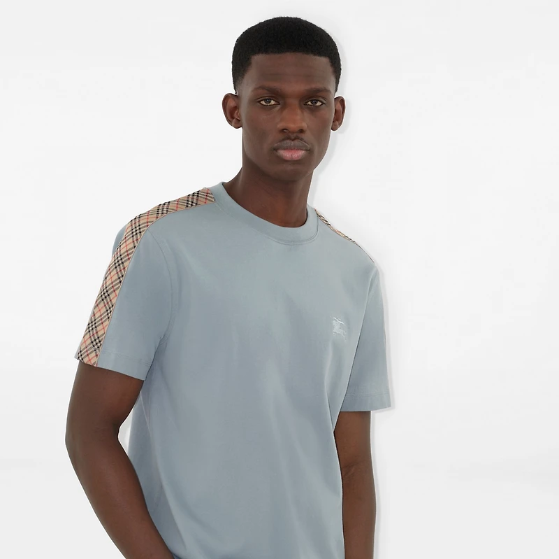 Check Trim Cotton T-shirt in Gale grey - Men | Burberry® Official