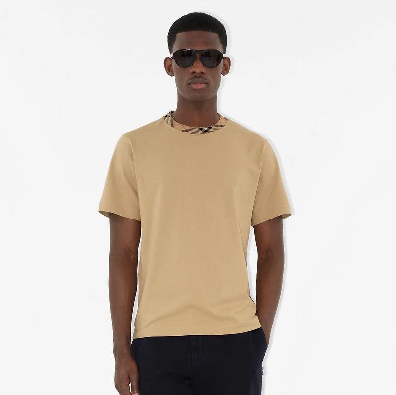 Check Trim Cotton T-shirt in Flax beige - Men | Burberry® Official