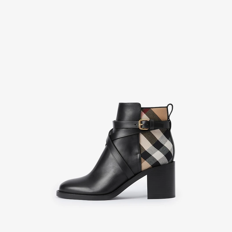 Check and Leather Heel Boots in Black/archive beige - Women | Burberry® Official