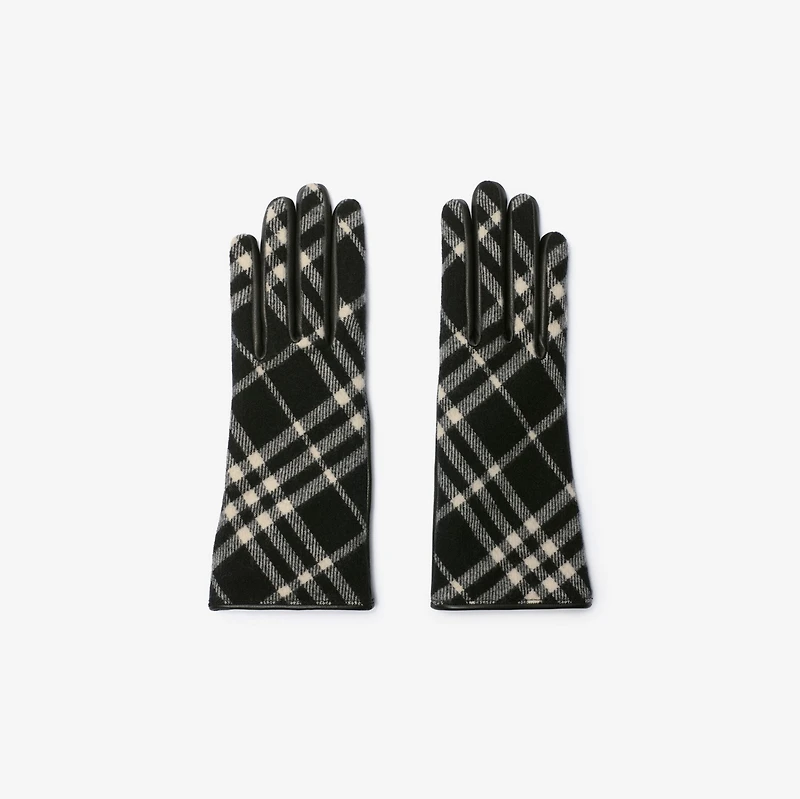 Check Wool Cashmere Gloves in Black/calico beige - Women | Burberry® Official