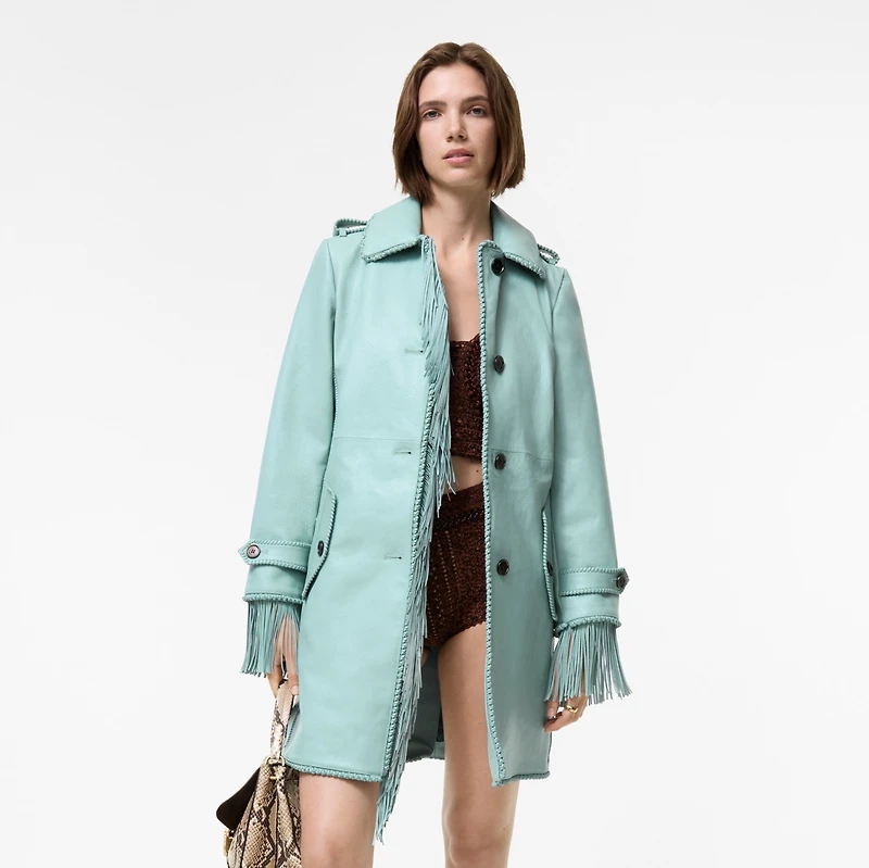 Short Fringed Leather Car Coat in Turquoise - Women | Burberry® Official