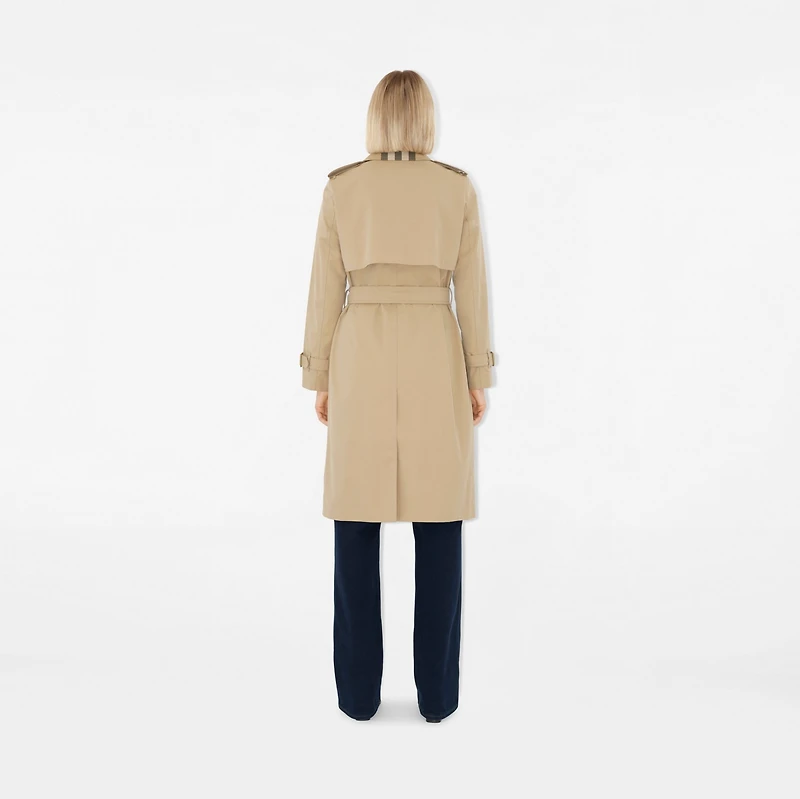 Long Check Collar Gabardine Trench Coat in Honey - Women, Cotton Gabardine | Burberry® Official