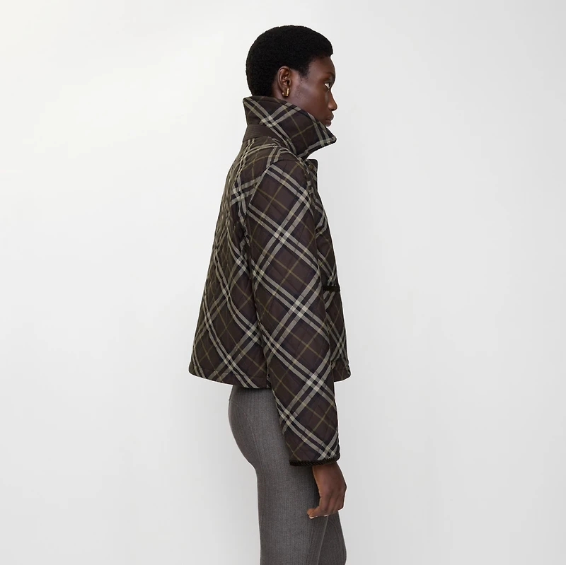 Cropped Check Quilted Cotton Jacket in Truffle brown - Women | Burberry® Official