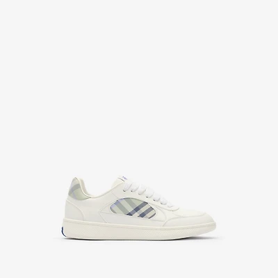 Leather and Check Terrace Sneakers​ in Optic white/seafoam green - Women | Burberry® Official