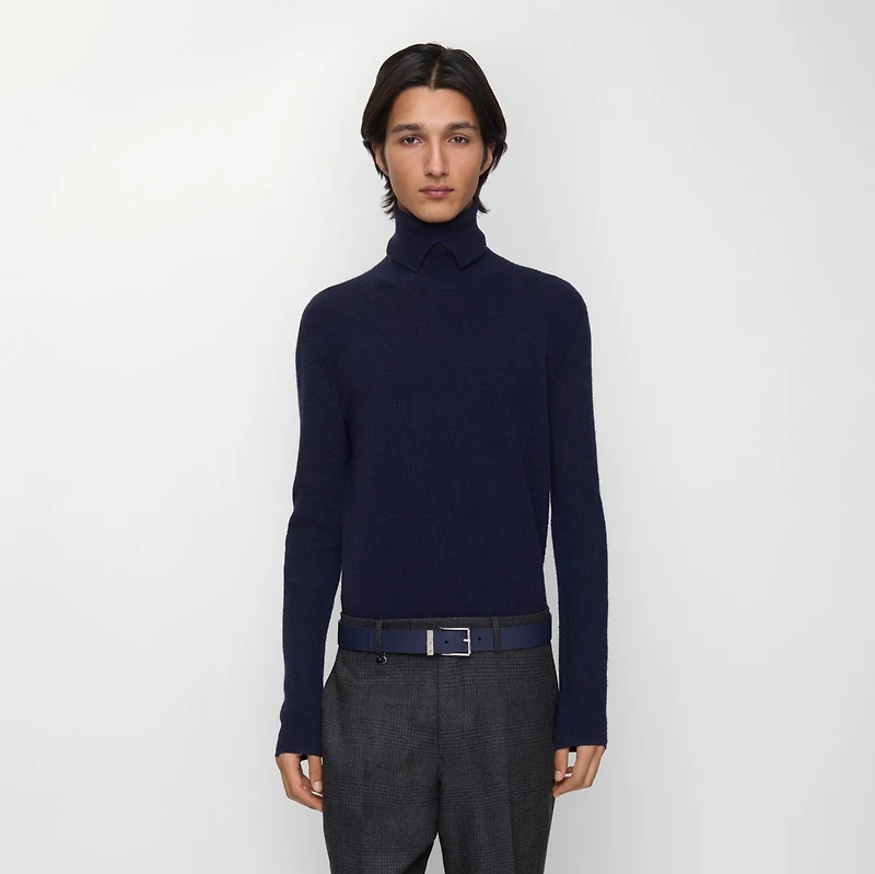 Leather Engraved Check Belt in Navy - Men | Burberry® Official