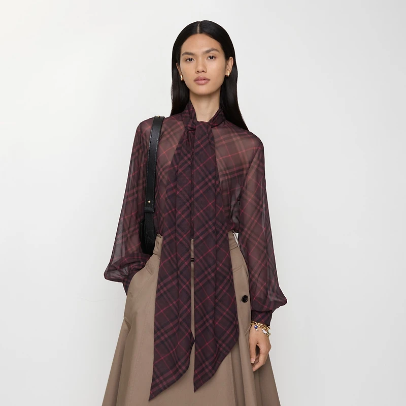 Check Silk Scarf Blouse in Wine red - Women | Burberry® Official
