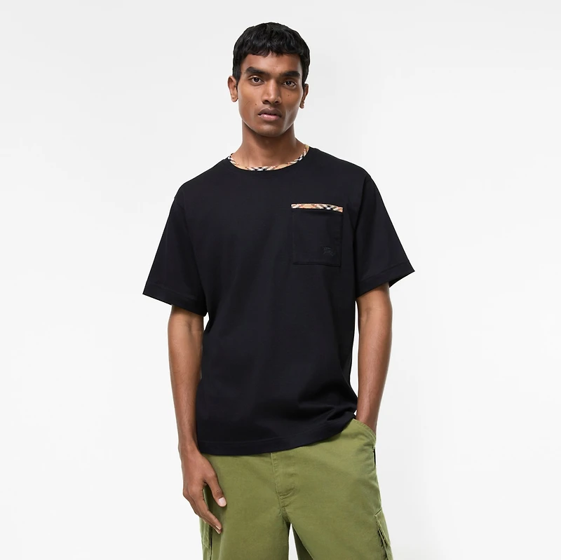 Check Trim Cotton T-shirt in Black - Men | Burberry® Official