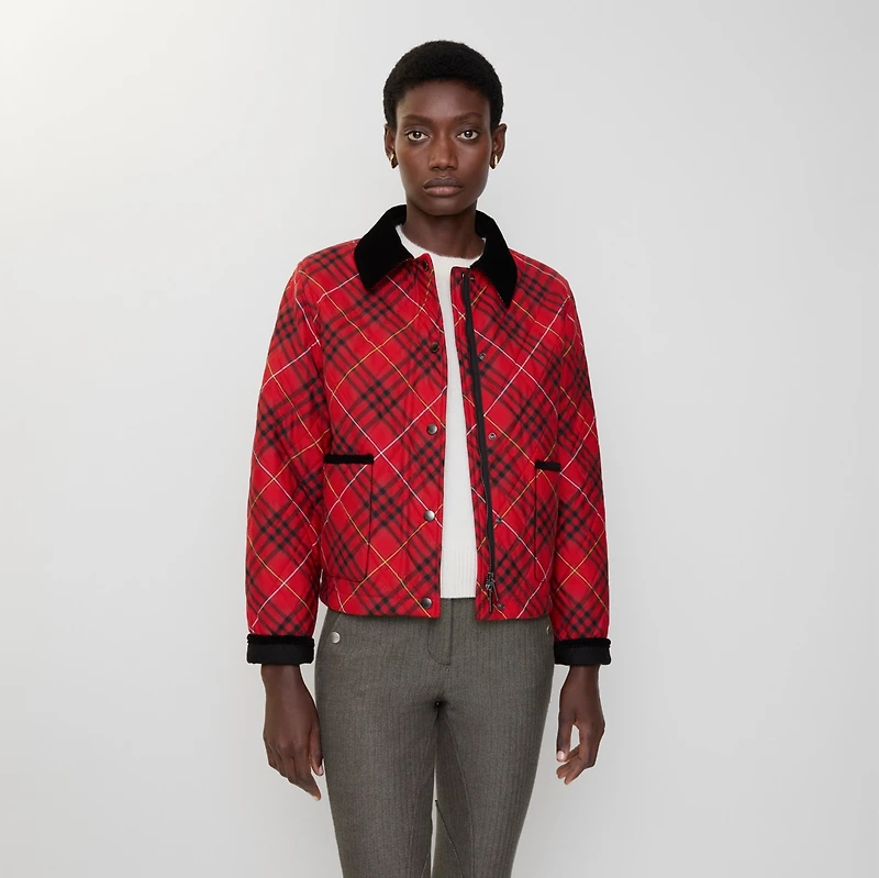 Cropped Check Cotton Quilted Jacket in Poppy red - Women | Burberry® Official