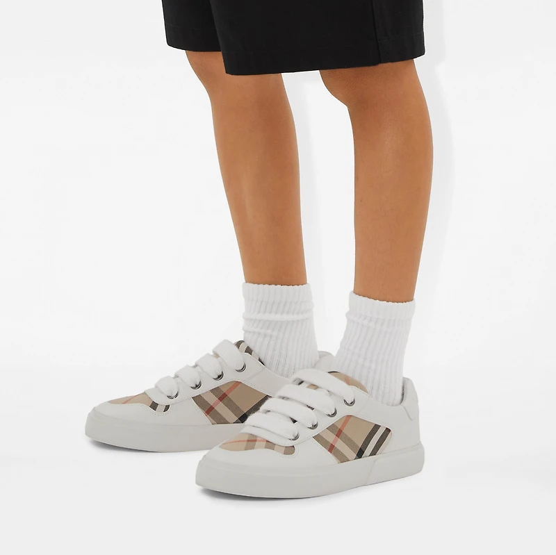 Check Cotton and Leather Sneakers in Sand - Children | Burberry® Official