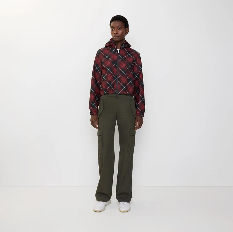 Cropped Reversible Check Hooded Jacket in Poppy red - Women, Nylon | Burberry® Official