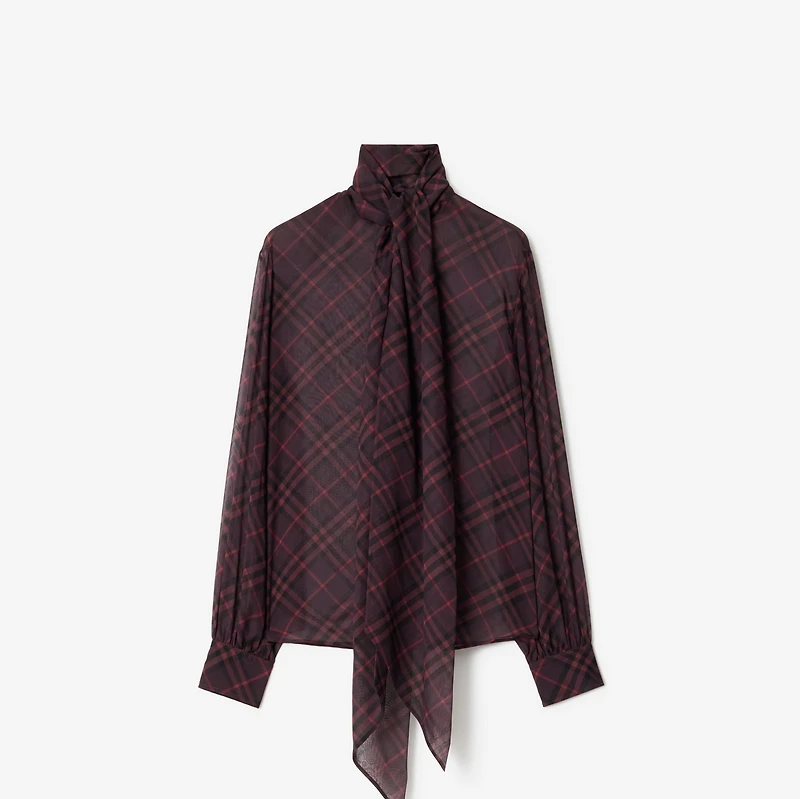 Check Silk Scarf Blouse in Wine red - Women | Burberry® Official