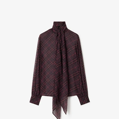 Check Silk Scarf Blouse in Wine red - Women | Burberry® Official