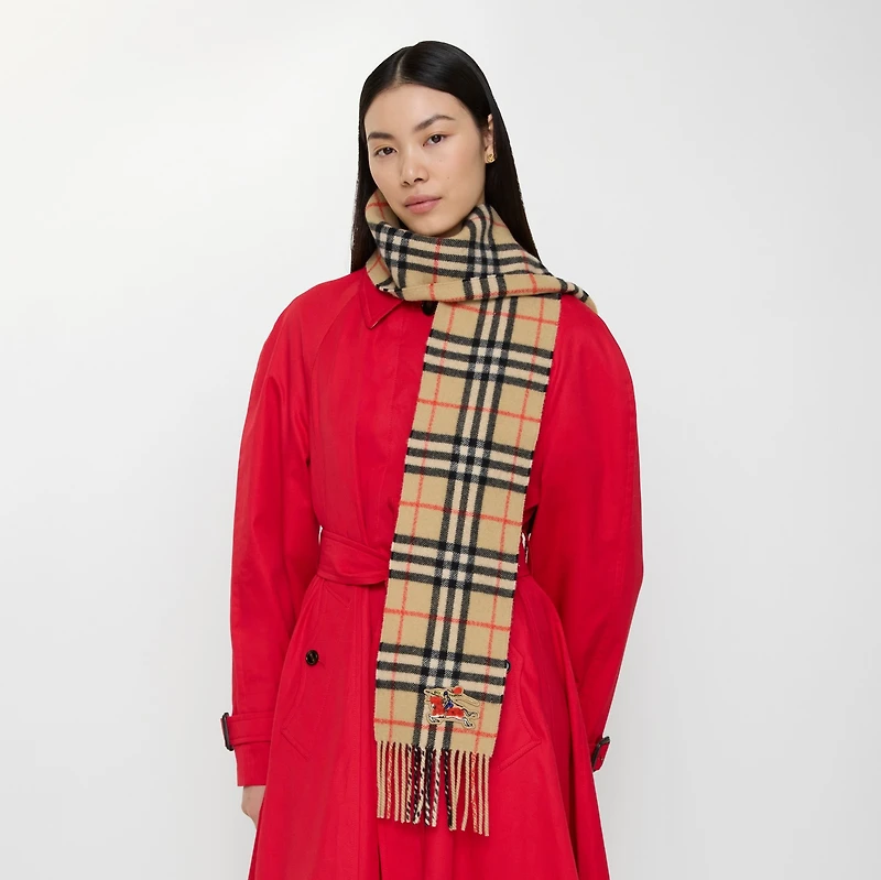 Narrow Check Cashmere Scarf in Sand beige | Burberry® Official