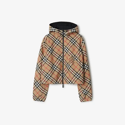 Cropped Reversible Check Hooded Jacket in Sand - Women, Nylon | Burberry® Official