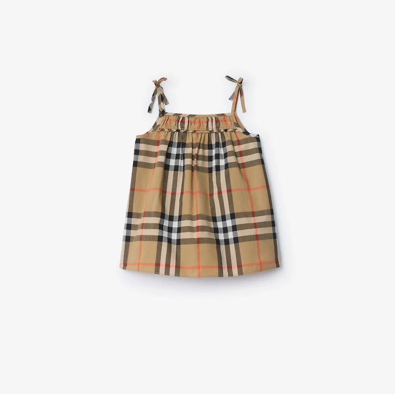 Check Cotton Dress with Bloomers in Sand beige