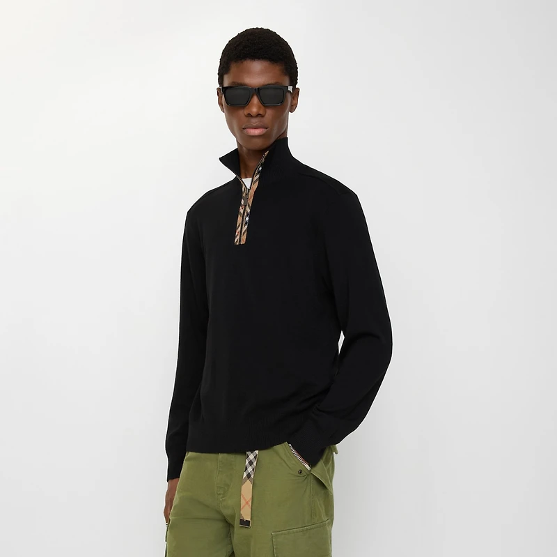 Check Trim Wool Half-zip Sweater in Black - Men, Cashmere | Burberry® Official