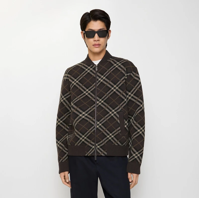 Check Wool Cashmere Bomber Jacket in Truffle brown - Men | Burberry® Official