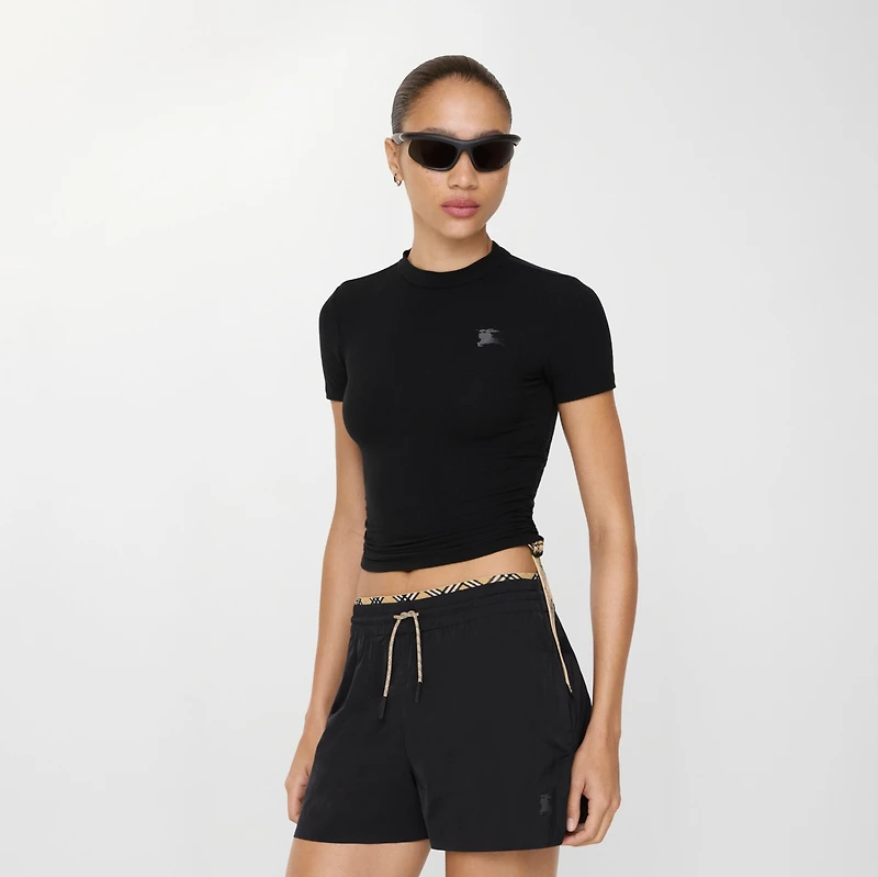 Check Trim Stretch Modal Cashmere T-shirt in Black - Women, Nylon | Burberry® Official