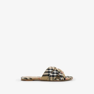 Check Cabana Slides in Sand - Women, Linen | Burberry® Official