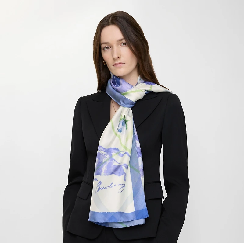 Wide Watercolour Check Silk Scarf in Cornflower blue | Burberry® Official
