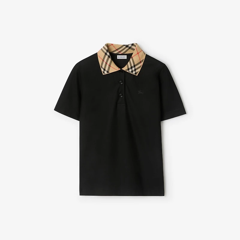 Check Collar Cotton Polo Shirt in Black - Women | Burberry® Official
