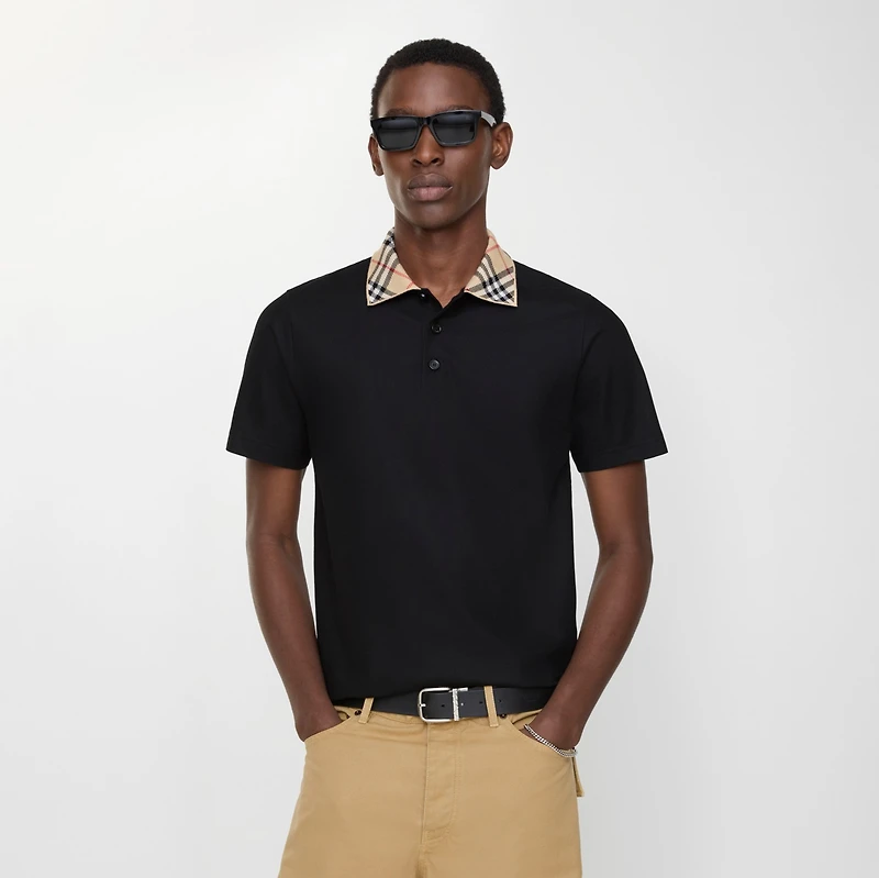 Check Collar Cotton Polo Shirt in Black - Men | Burberry® Official