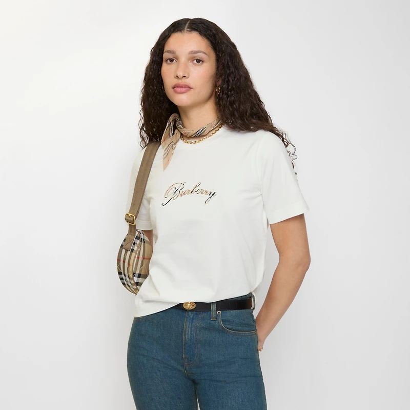 Check Cursive Logo Cotton T-shirt in Chalk white - Women | Burberry® Official