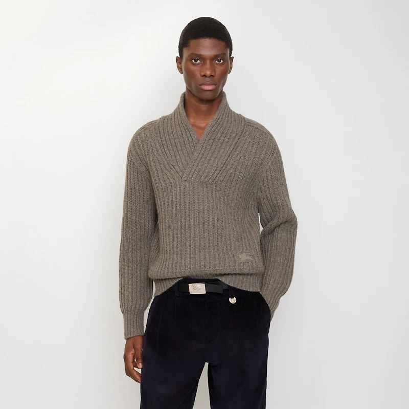 Shawl Collar Wool Sweater in Beige melange - Men | Burberry® Official