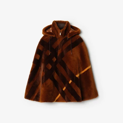 Check Intarsia Shearling Cape in Ginger brown | Burberry® Official