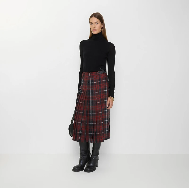 Check Wool Blend Midi Kilt in Coal grey/cranberry red - Women | Burberry® Official
