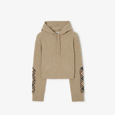 Check Patch Wool Cashmere Hoodie in Light brown melange - Women | Burberry® Official