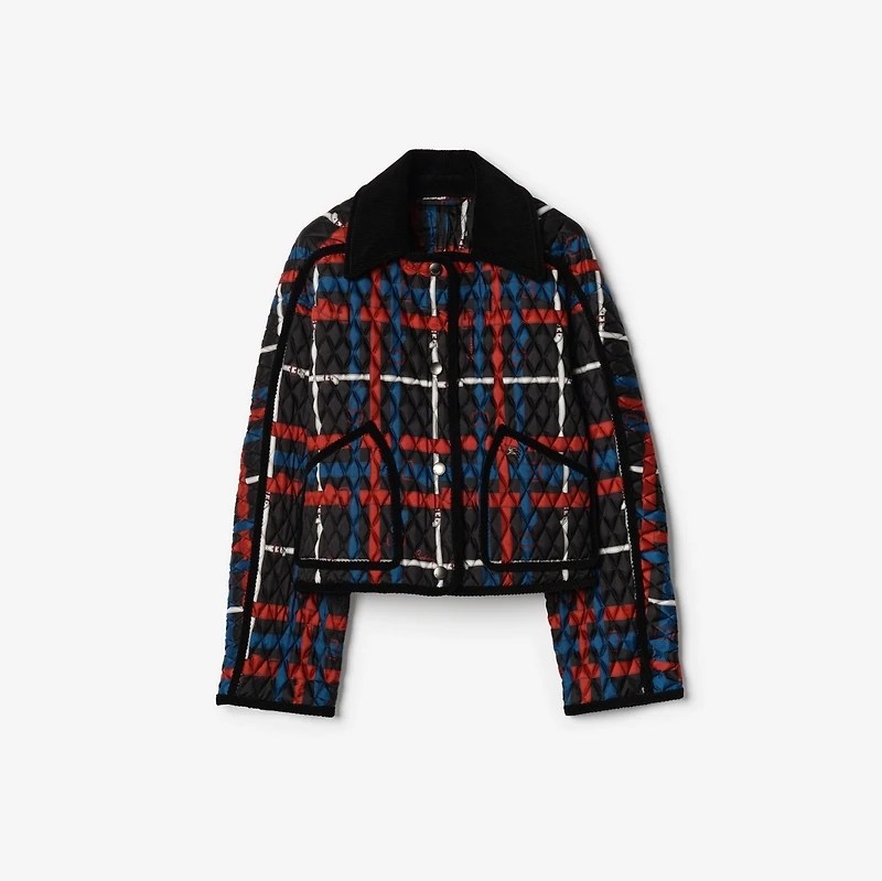 Cropped Belt Check Quilted Floriston Jacket in Petrol blue - Women, Wool | Burberry® Official