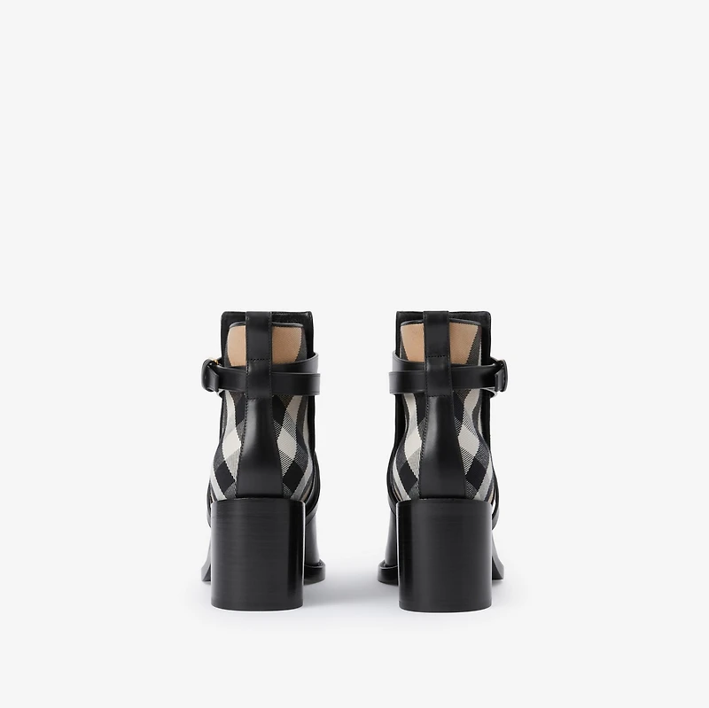 Check and Leather Heel Boots in Black/archive beige - Women | Burberry® Official