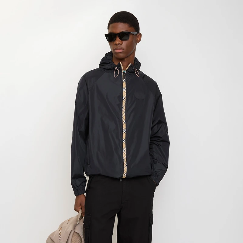 Checker-tape Nylon Hooded Jacket in Navy - Men | Burberry® Official