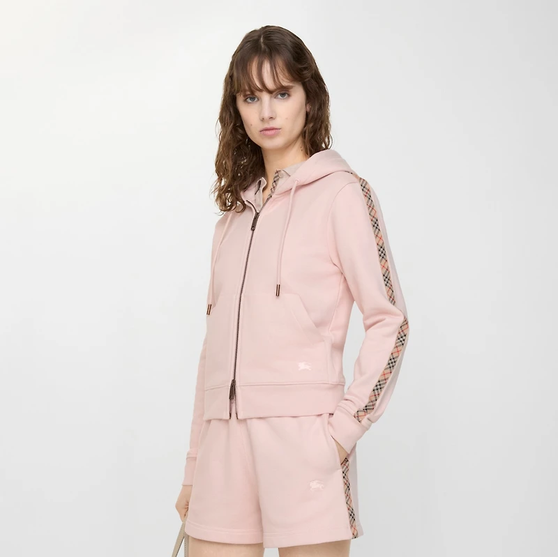 Check Trim Cotton Zip Hoodie in Bouquet pink - Women | Burberry® Official